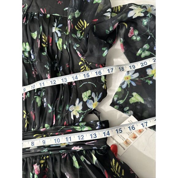 NWT $598 MAC DUGGAL [ 6 ] Chiffon Floral Hi Neck Puff Sleeve‎ Gown Black - Picture 5 of 16